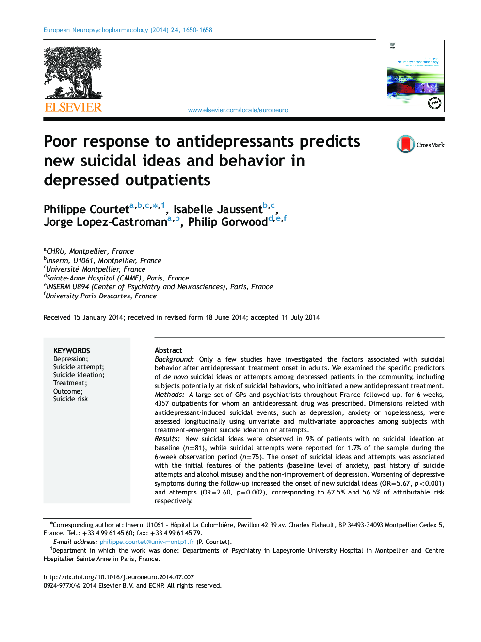 Poor response to antidepressants predicts new suicidal ideas and behavior in depressed outpatients