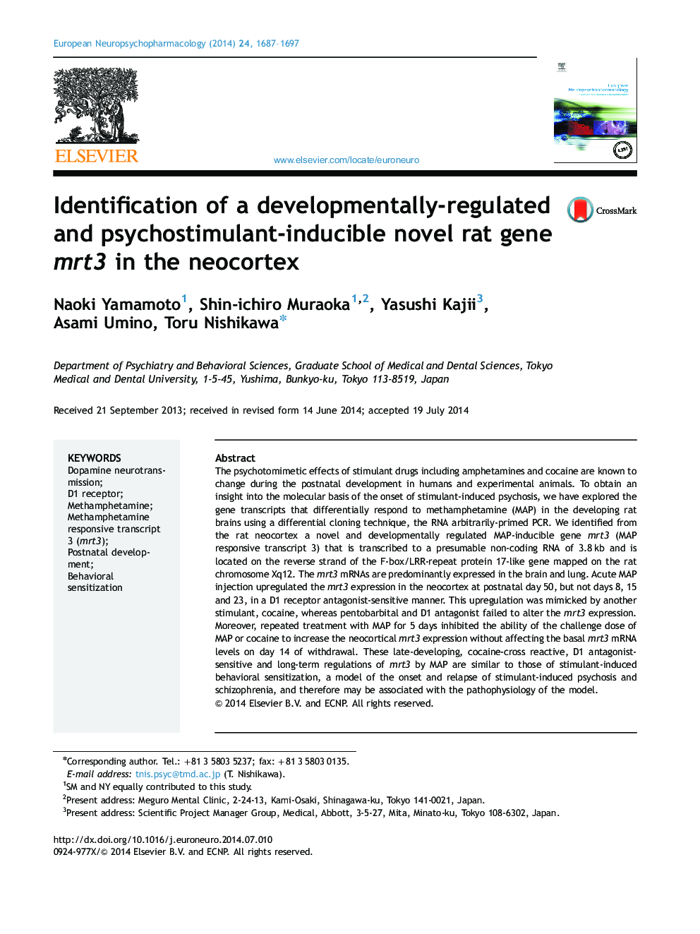 Identification of a developmentally-regulated and psychostimulant-inducible novel rat gene mrt3 in the neocortex