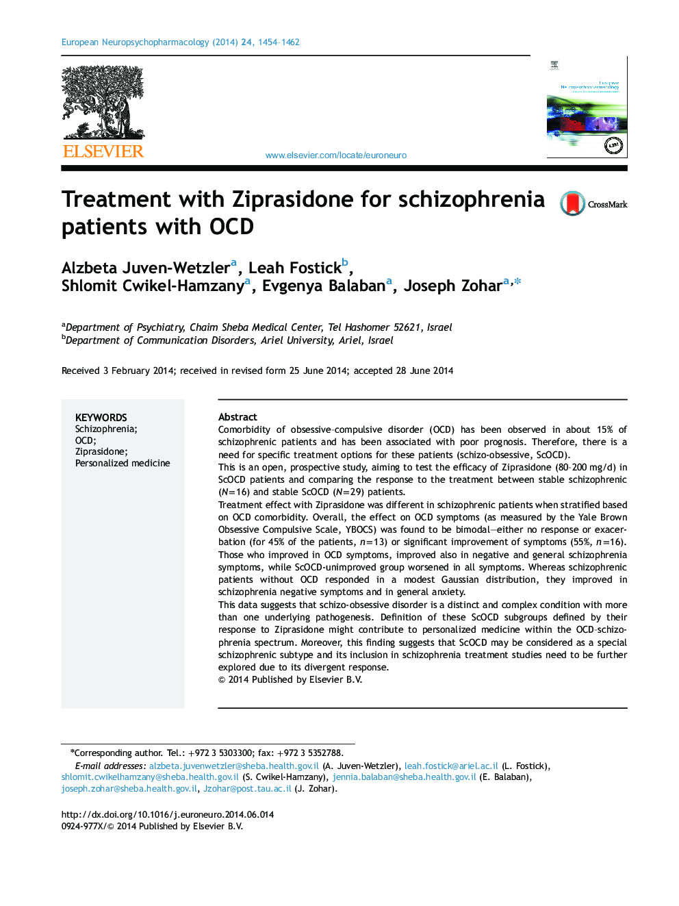 Treatment with Ziprasidone for schizophrenia patients with OCD