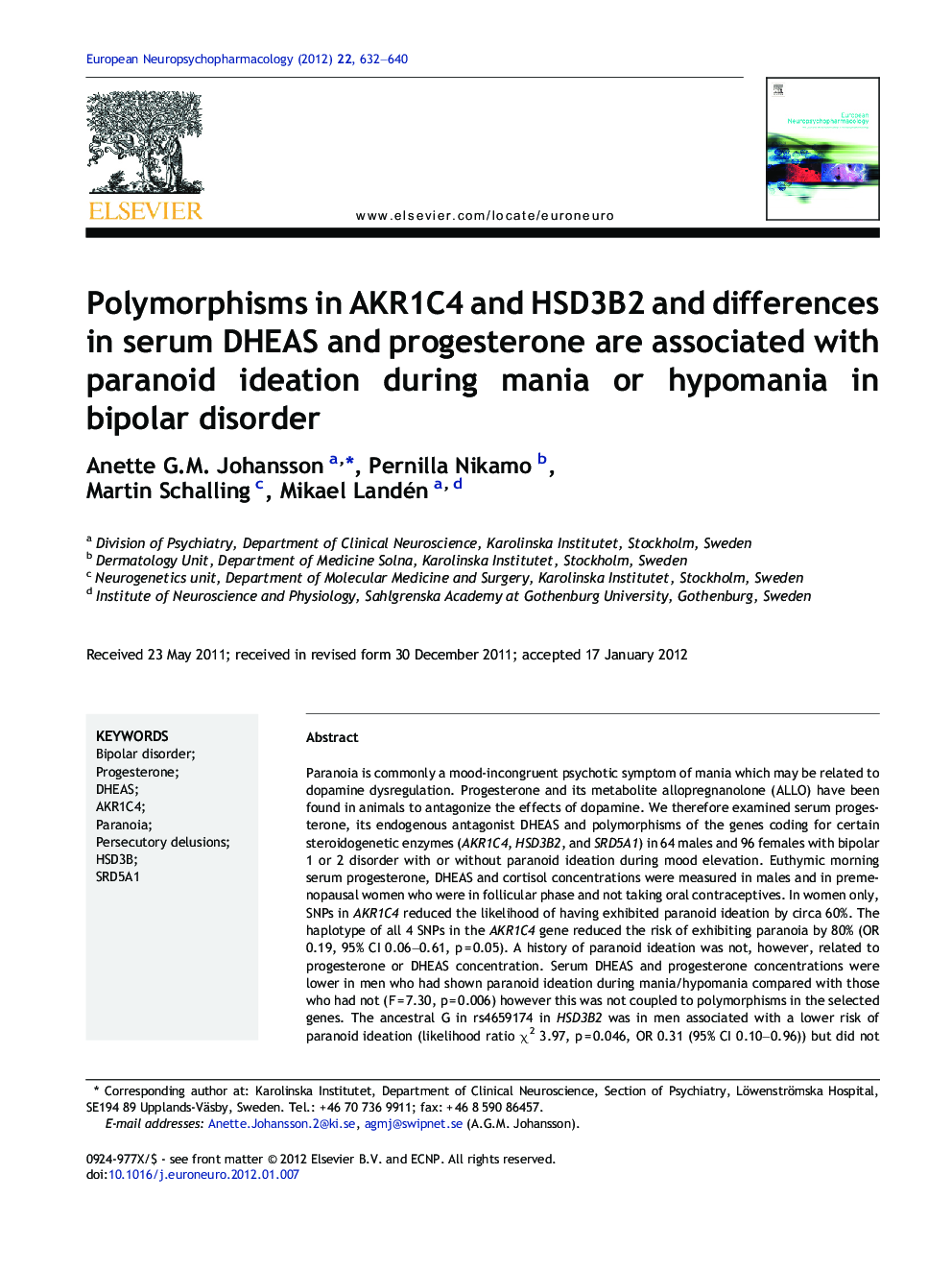 Polymorphisms in AKR1C4 and HSD3B2 and differences in serum DHEAS and progesterone are associated with paranoid ideation during mania or hypomania in bipolar disorder