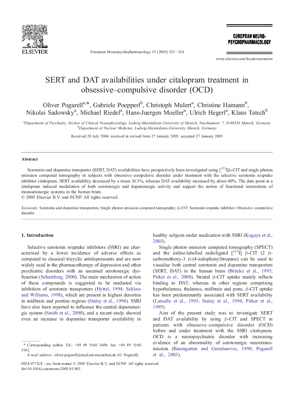 SERT and DAT availabilities under citalopram treatment in obsessive-compulsive disorder (OCD)