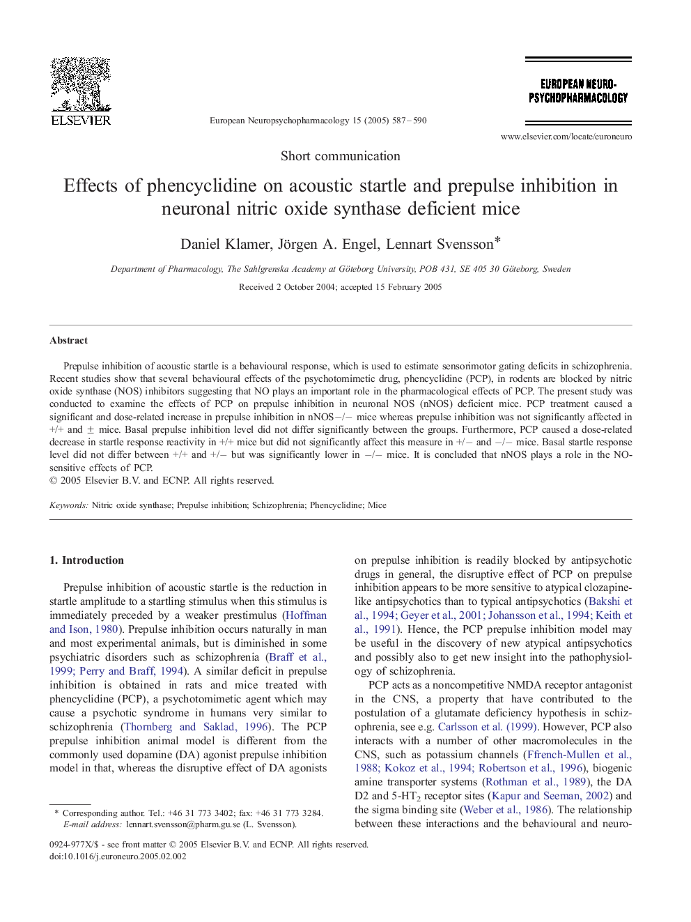 Effects of phencyclidine on acoustic startle and prepulse inhibition in neuronal nitric oxide synthase deficient mice