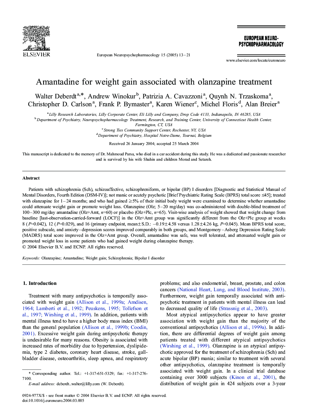 Amantadine for weight gain associated with olanzapine treatment