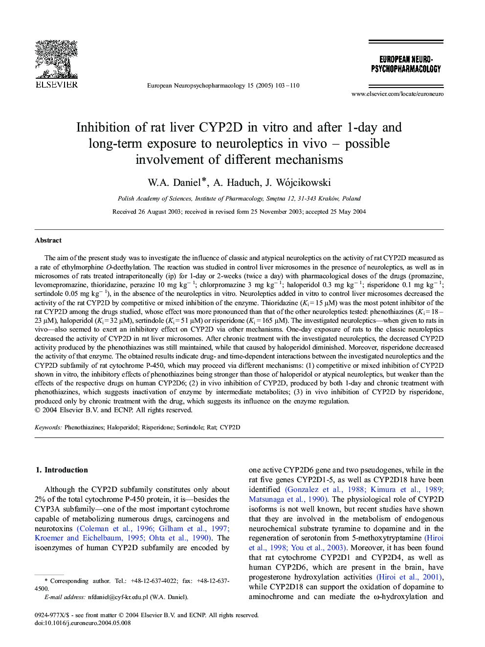 Inhibition of rat liver CYP2D in vitro and after 1-day and long-term exposure to neuroleptics in vivo-possible involvement of different mechanisms