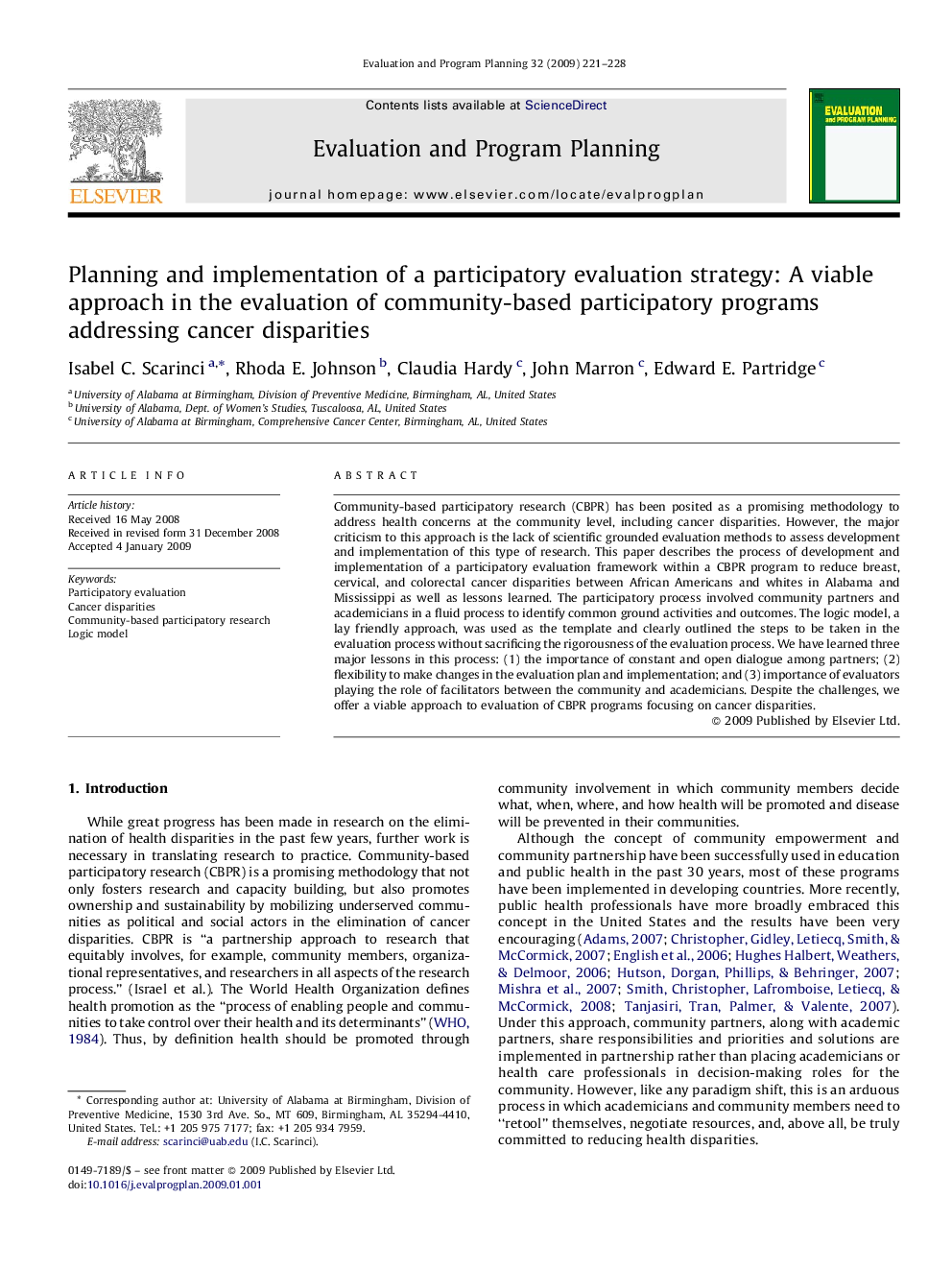 Planning and implementation of a participatory evaluation strategy: A viable approach in the evaluation of community-based participatory programs addressing cancer disparities