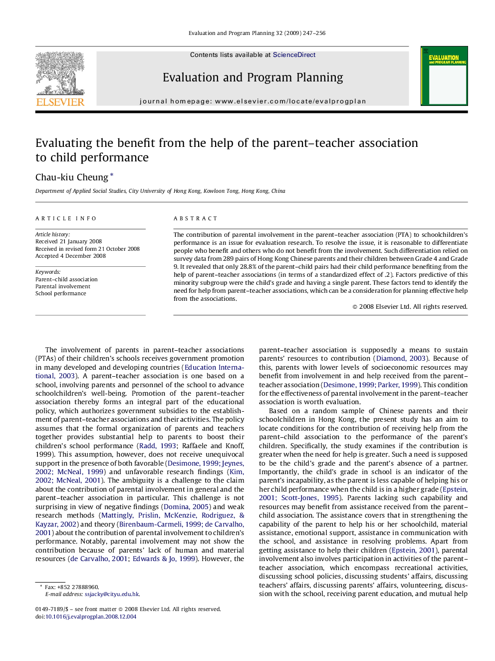 Evaluating the benefit from the help of the parent-teacher association to child performance