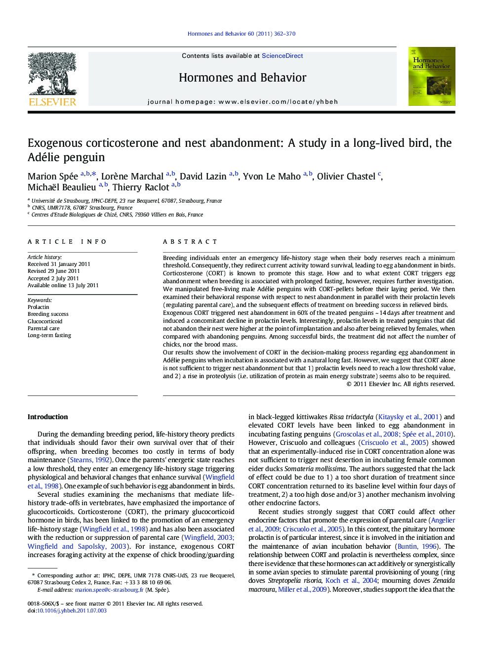 Exogenous corticosterone and nest abandonment: A study in a long-lived bird, the Adélie penguin