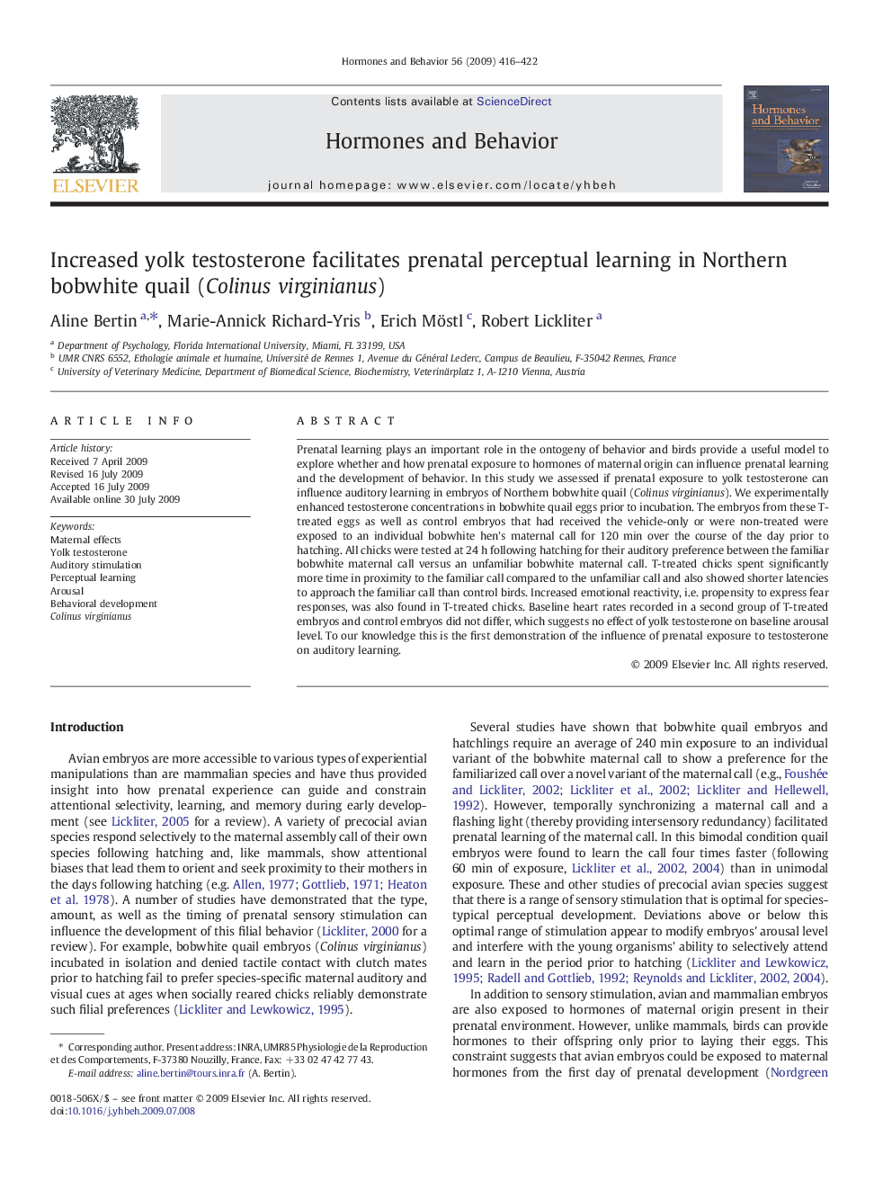 Increased yolk testosterone facilitates prenatal perceptual learning in Northern bobwhite quail (Colinus virginianus)