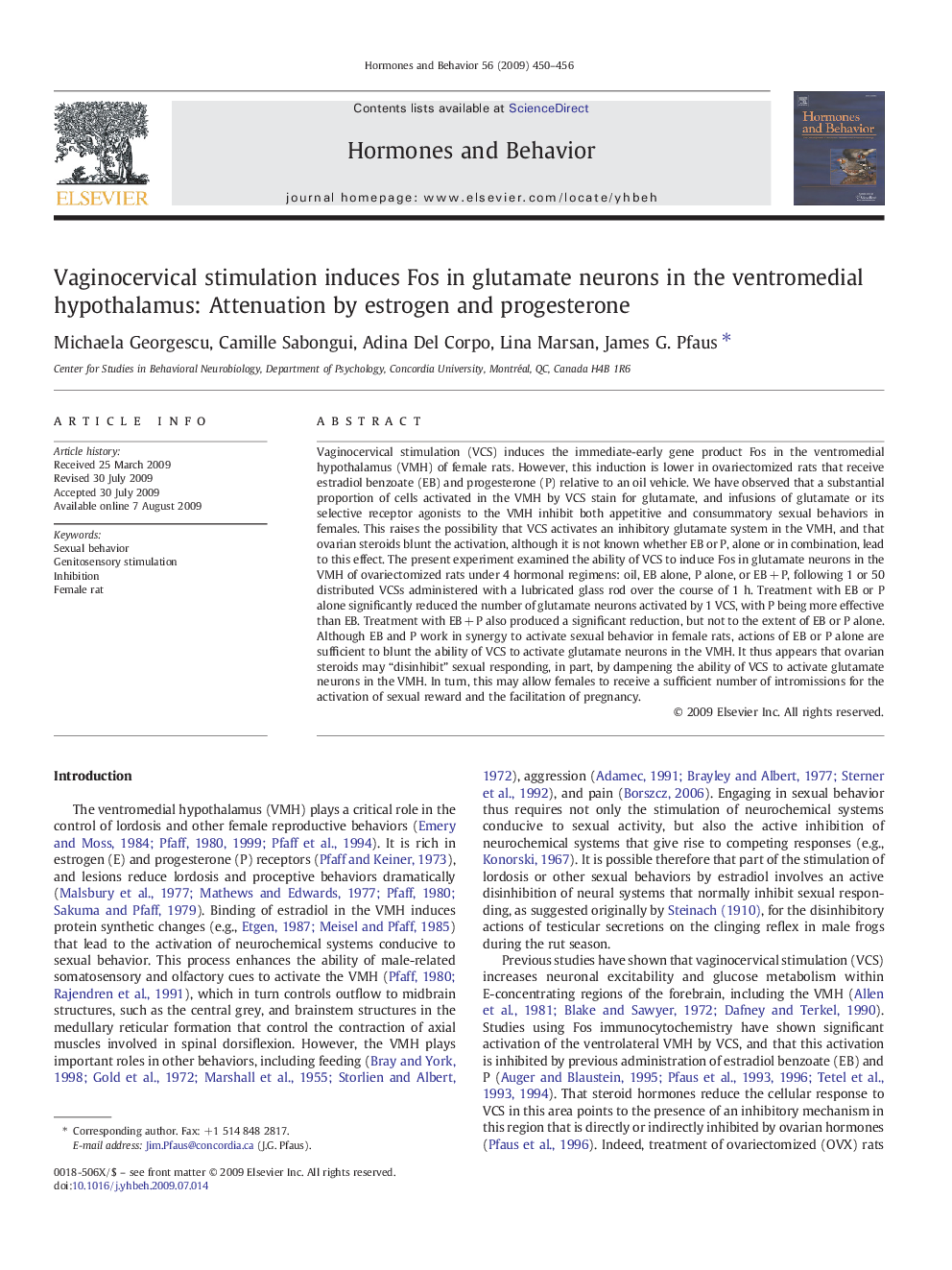 Vaginocervical stimulation induces Fos in glutamate neurons in the ventromedial hypothalamus: Attenuation by estrogen and progesterone