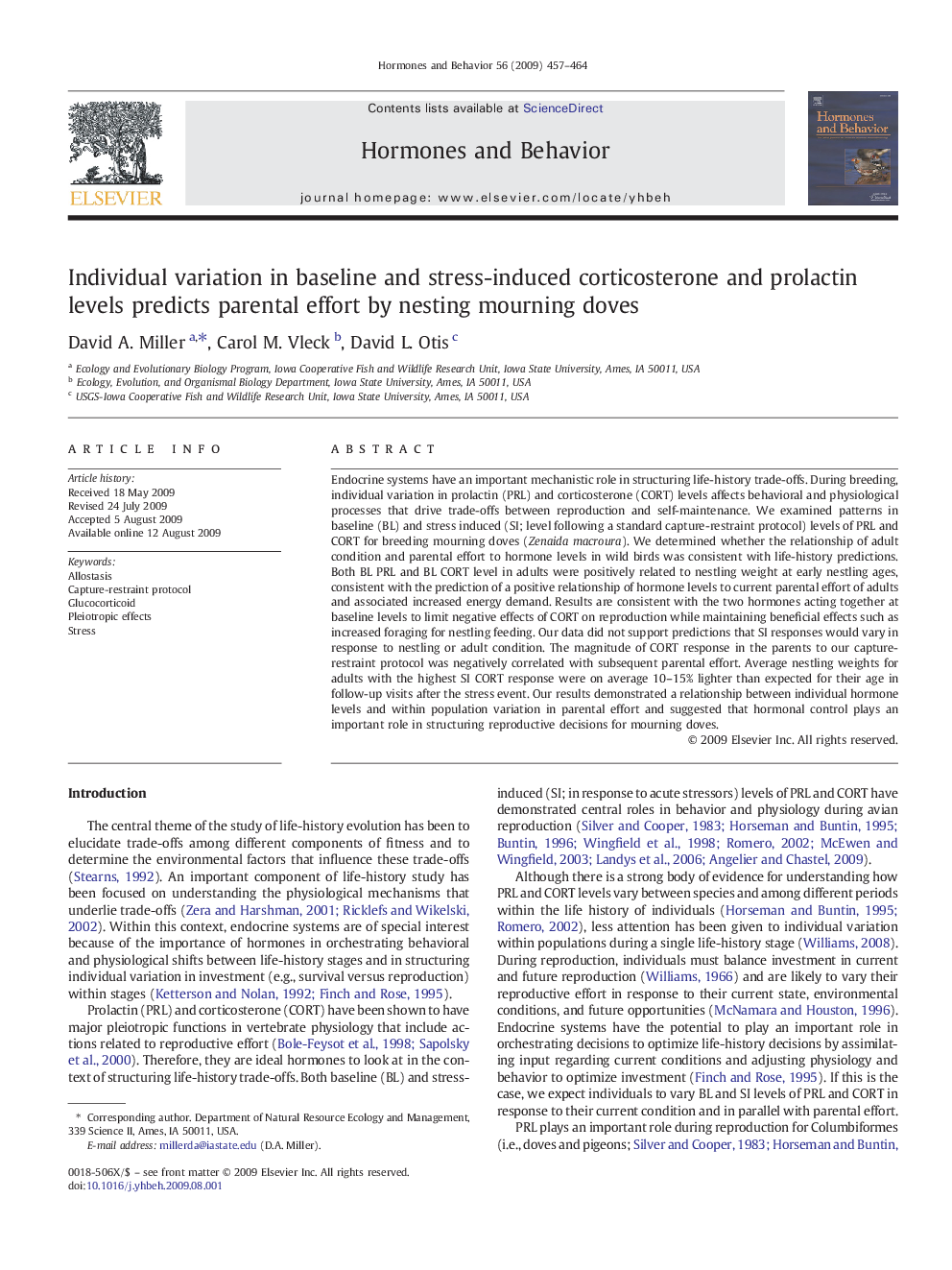 Individual variation in baseline and stress-induced corticosterone and prolactin levels predicts parental effort by nesting mourning doves