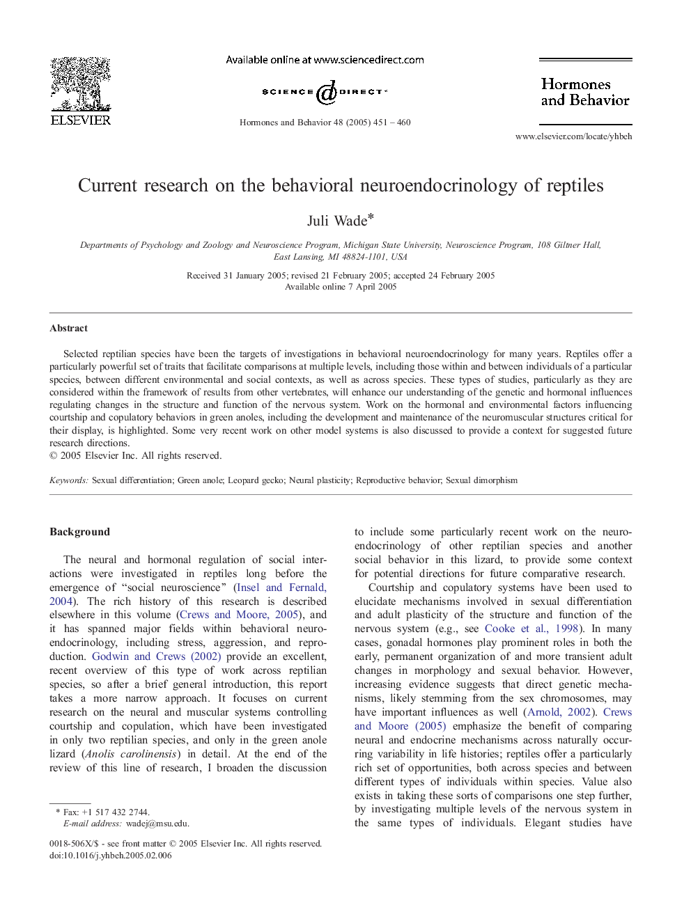 Current research on the behavioral neuroendocrinology of reptiles