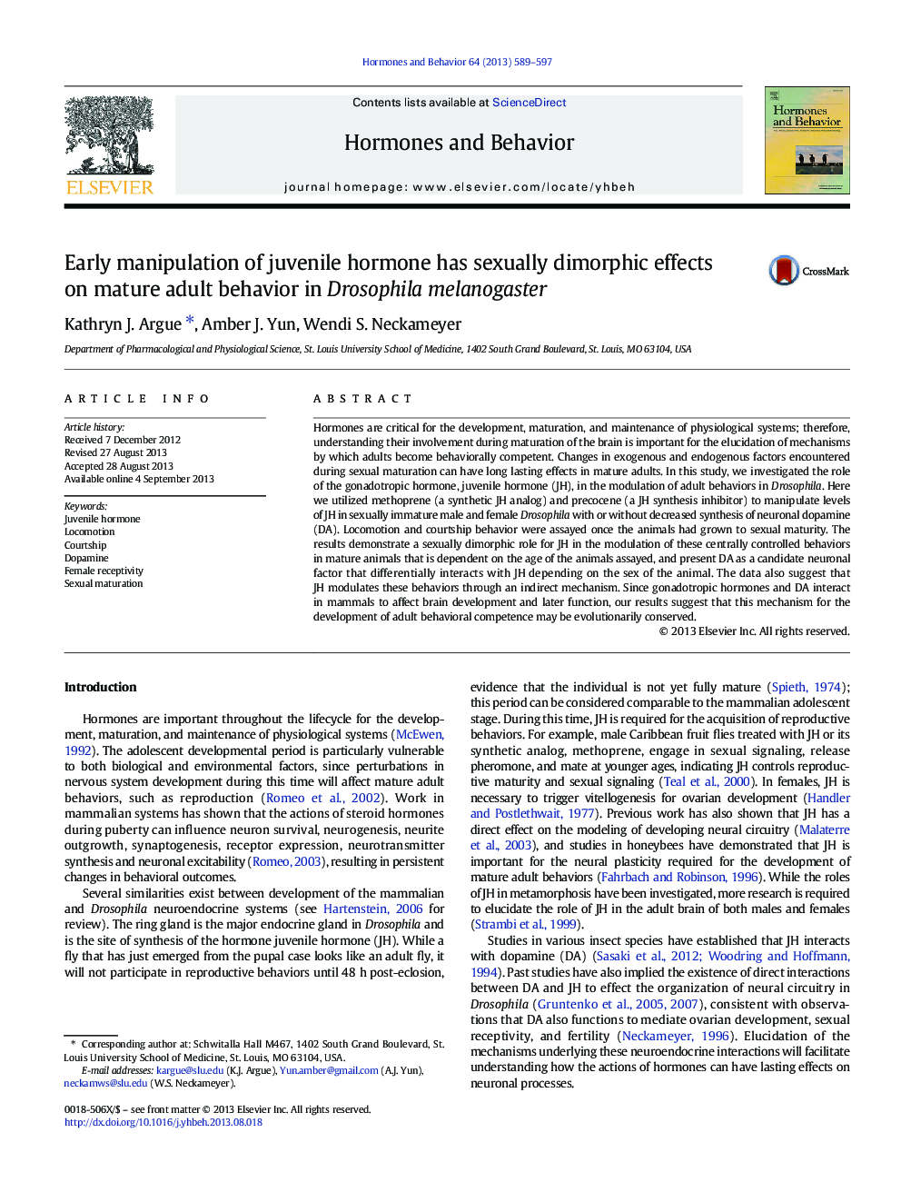 Early manipulation of juvenile hormone has sexually dimorphic effects on mature adult behavior in Drosophila melanogaster