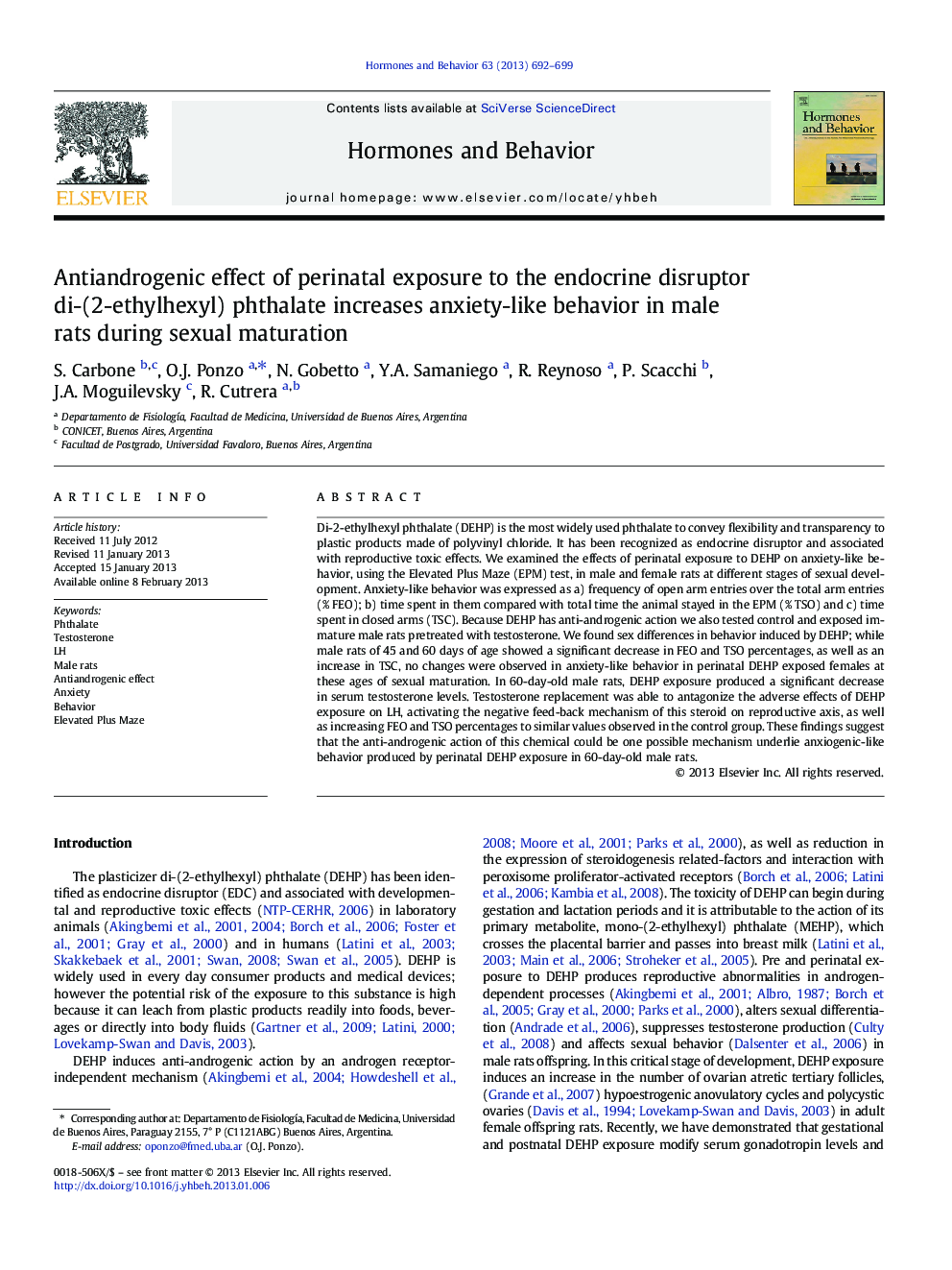 Antiandrogenic effect of perinatal exposure to the endocrine disruptor di-(2-ethylhexyl) phthalate increases anxiety-like behavior in male rats during sexual maturation