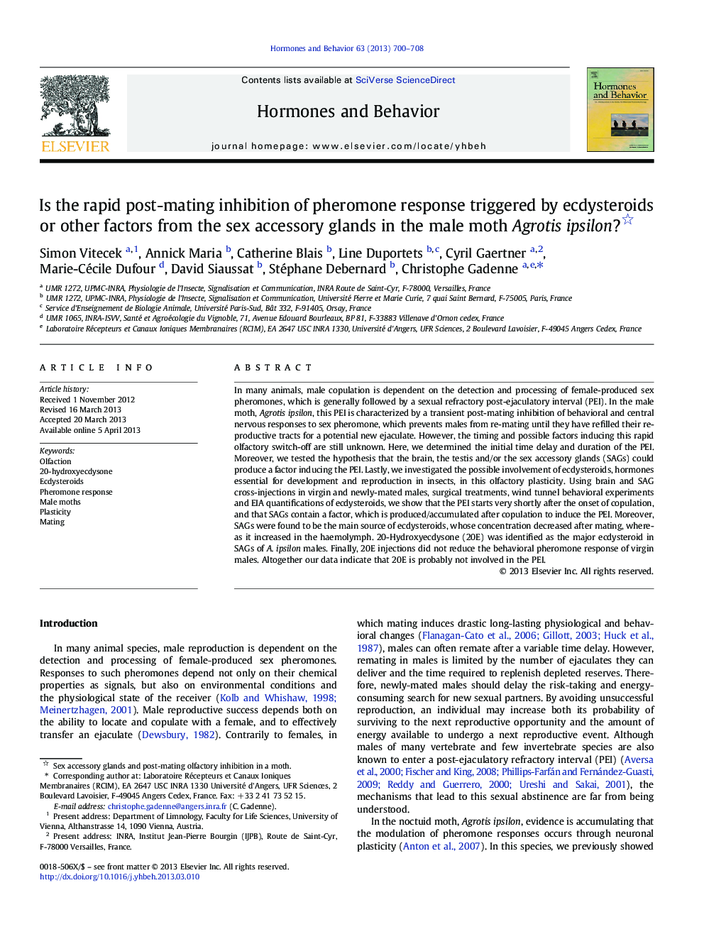 Is the rapid post-mating inhibition of pheromone response triggered by ecdysteroids or other factors from the sex accessory glands in the male moth Agrotis ipsilon?