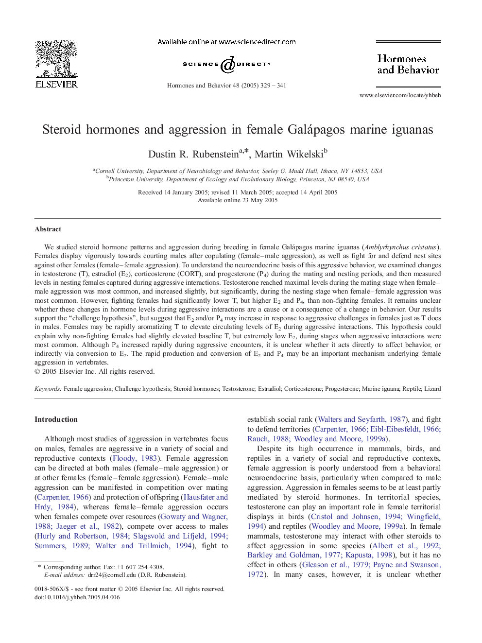 Steroid hormones and aggression in female Galápagos marine iguanas