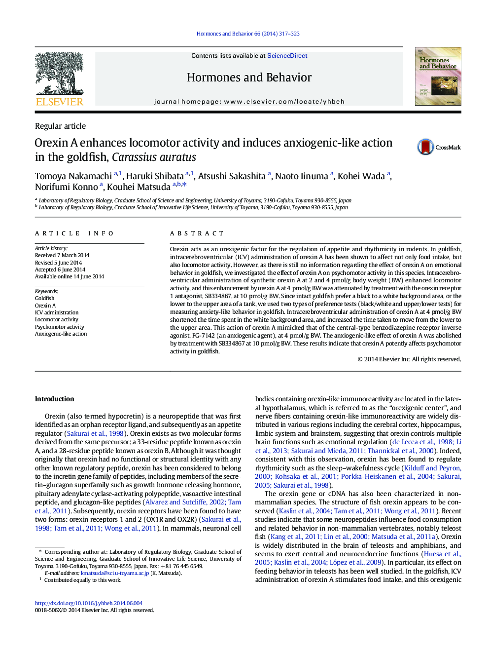 Orexin A enhances locomotor activity and induces anxiogenic-like action in the goldfish, Carassius auratus