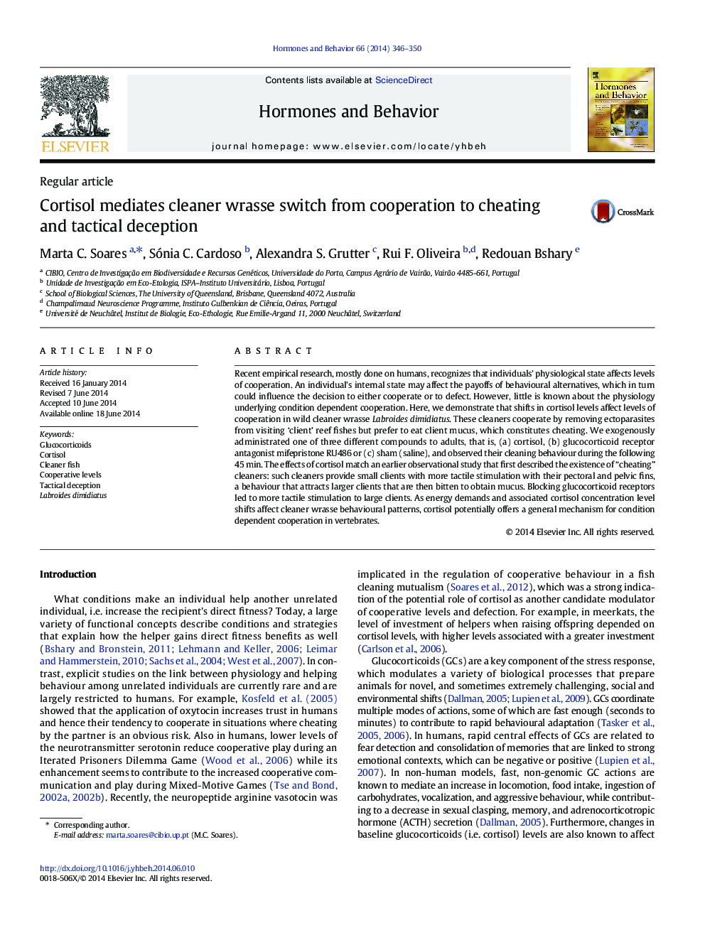 Cortisol mediates cleaner wrasse switch from cooperation to cheating and tactical deception