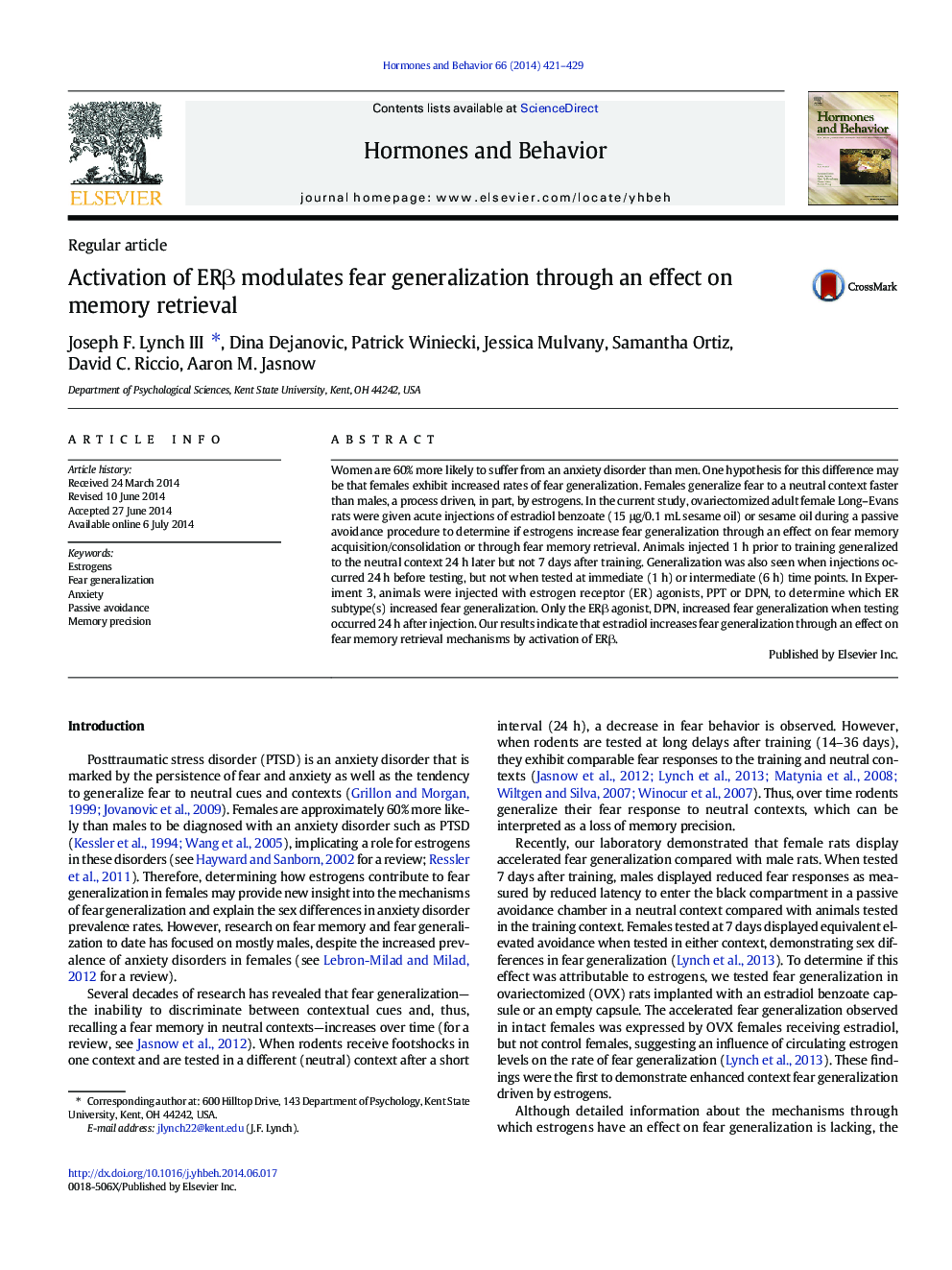 Activation of ERÎ² modulates fear generalization through an effect on memory retrieval