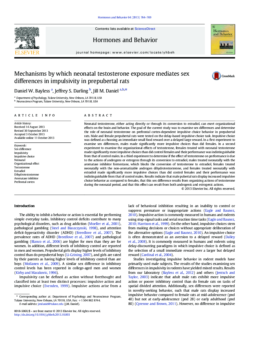 Mechanisms by which neonatal testosterone exposure mediates sex differences in impulsivity in prepubertal rats