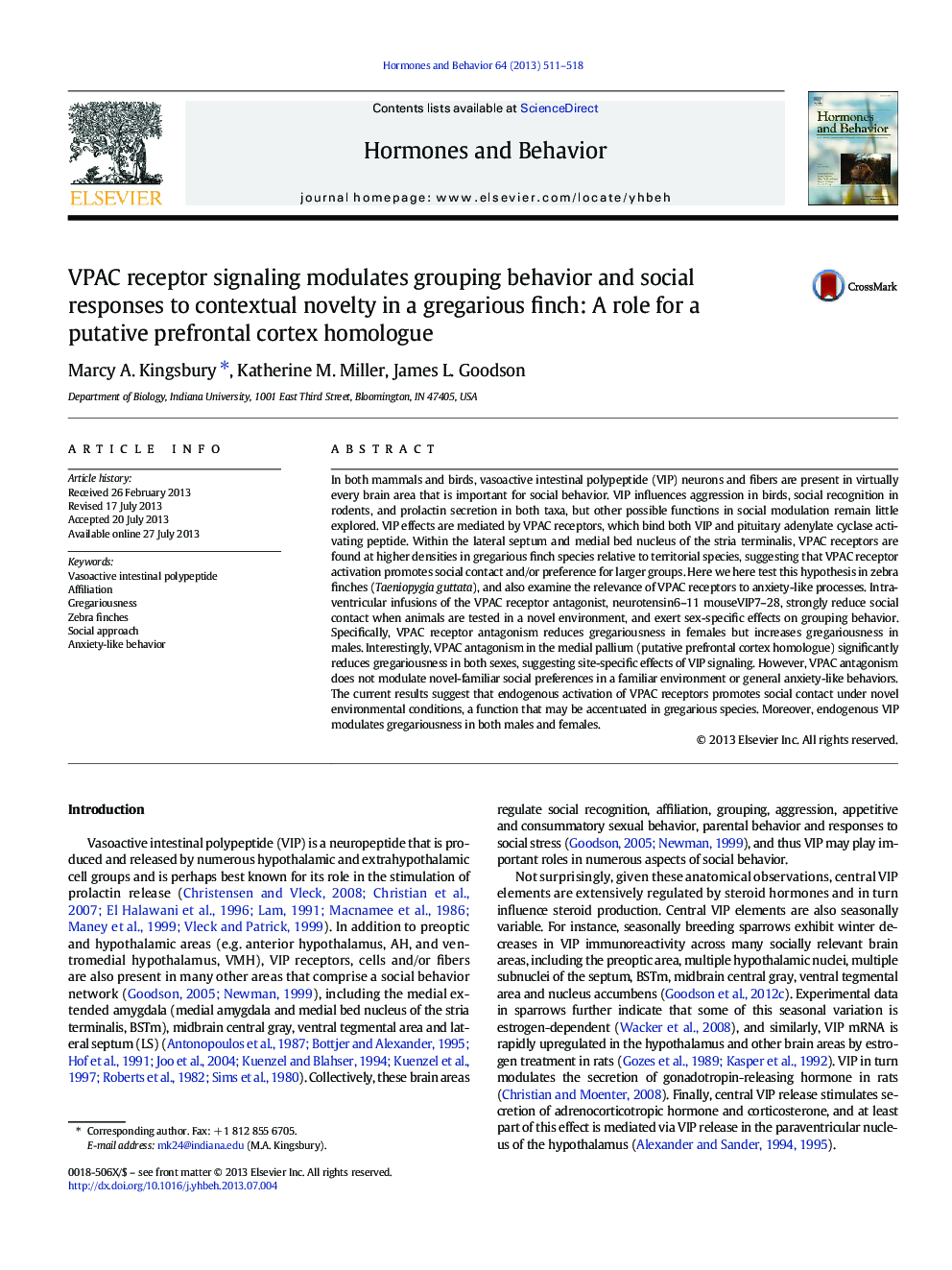 VPAC receptor signaling modulates grouping behavior and social responses to contextual novelty in a gregarious finch: A role for a putative prefrontal cortex homologue