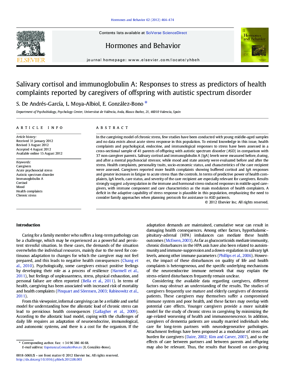 Salivary cortisol and immunoglobulin A: Responses to stress as predictors of health complaints reported by caregivers of offspring with autistic spectrum disorder