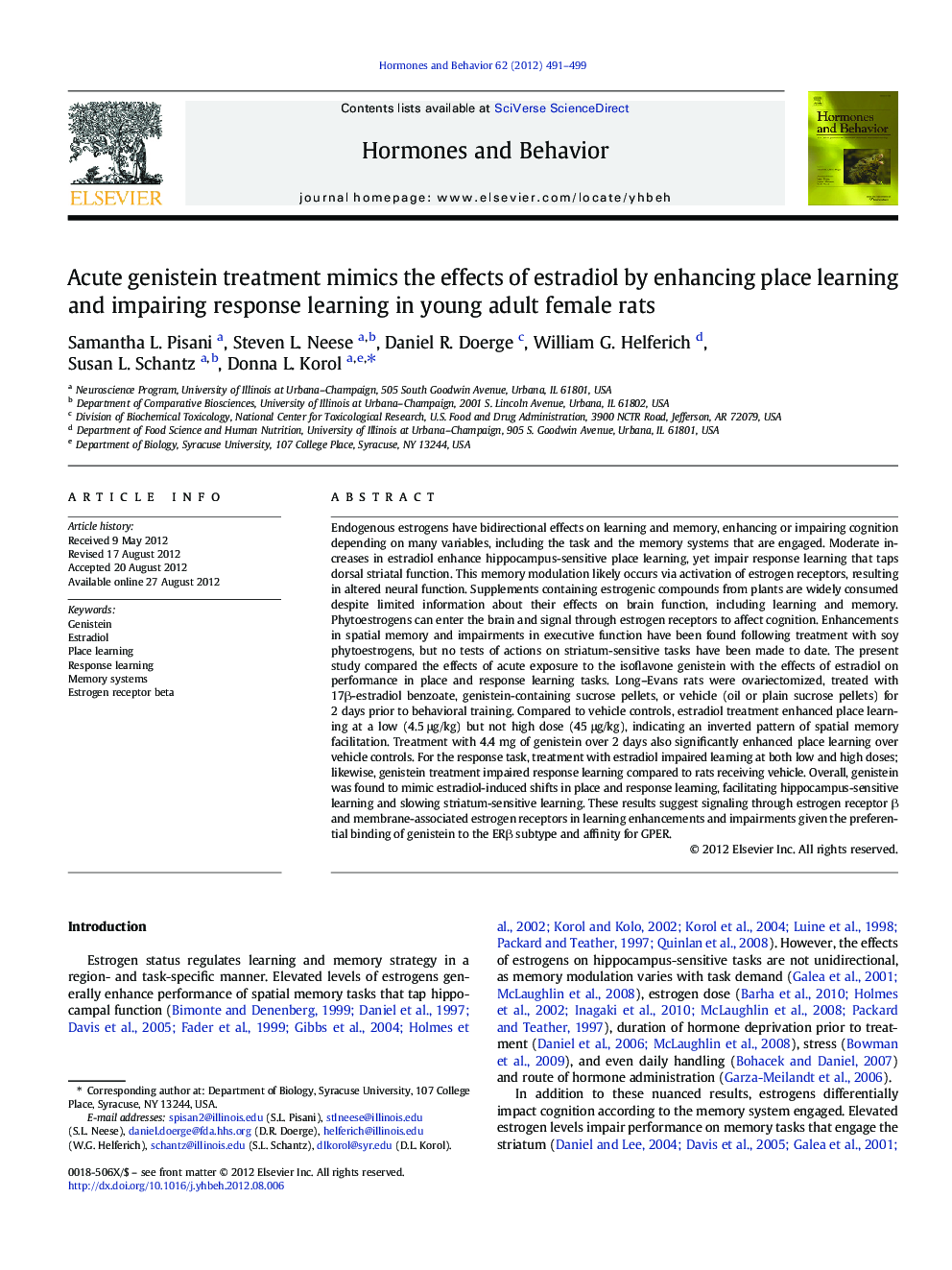 Acute genistein treatment mimics the effects of estradiol by enhancing place learning and impairing response learning in young adult female rats