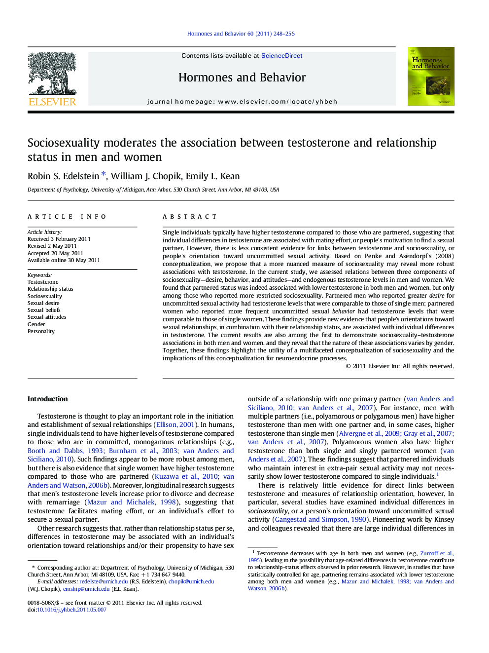 Sociosexuality moderates the association between testosterone and relationship status in men and women