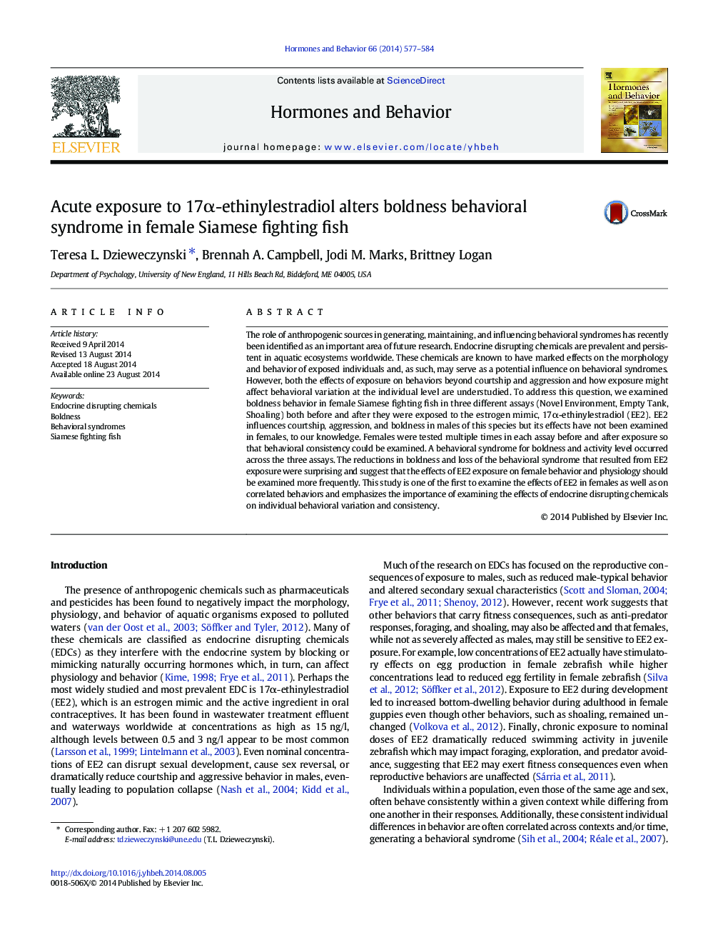 Acute exposure to 17Î±-ethinylestradiol alters boldness behavioral syndrome in female Siamese fighting fish