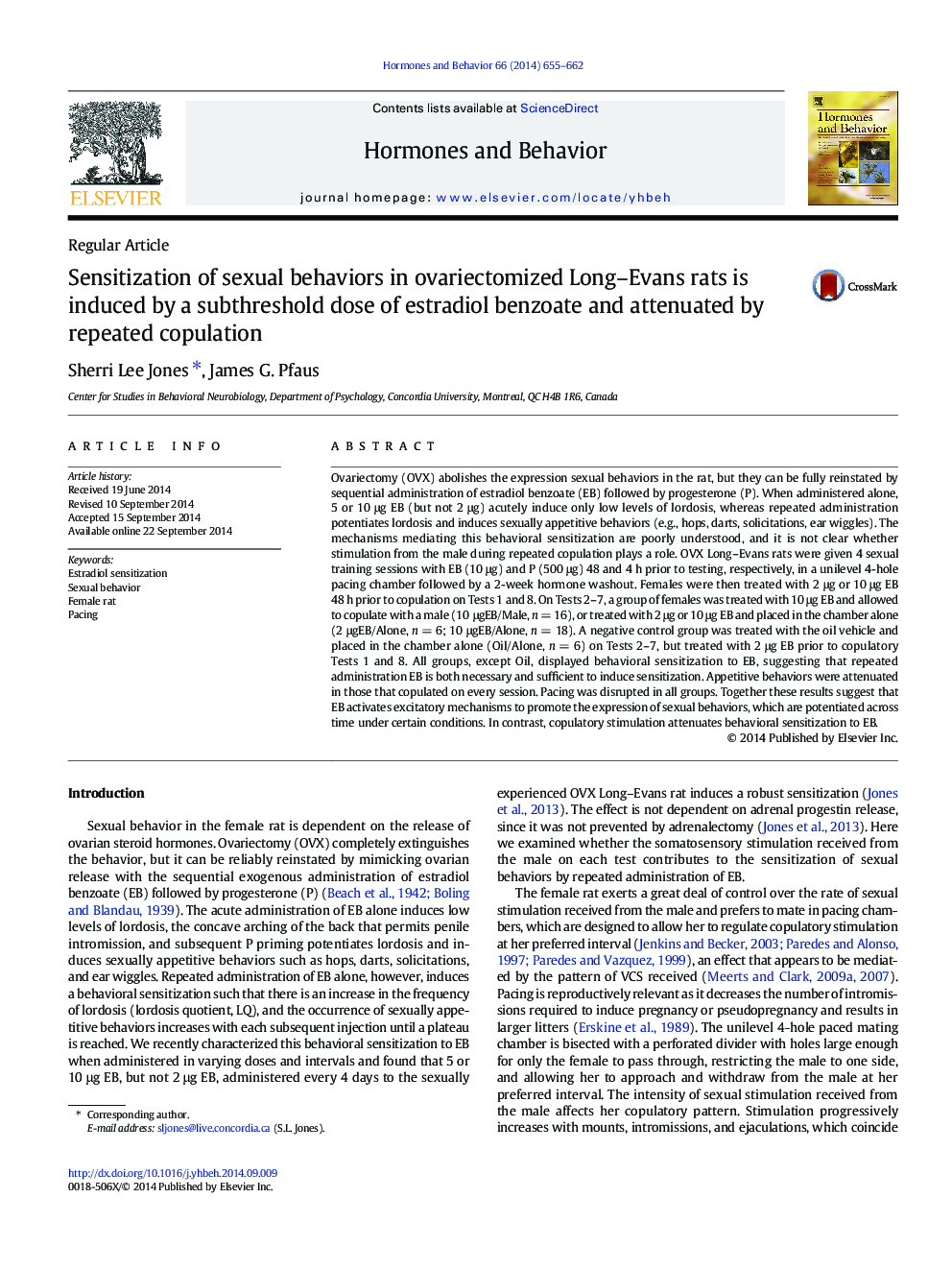 Sensitization of sexual behaviors in ovariectomized Long-Evans rats is induced by a subthreshold dose of estradiol benzoate and attenuated by repeated copulation