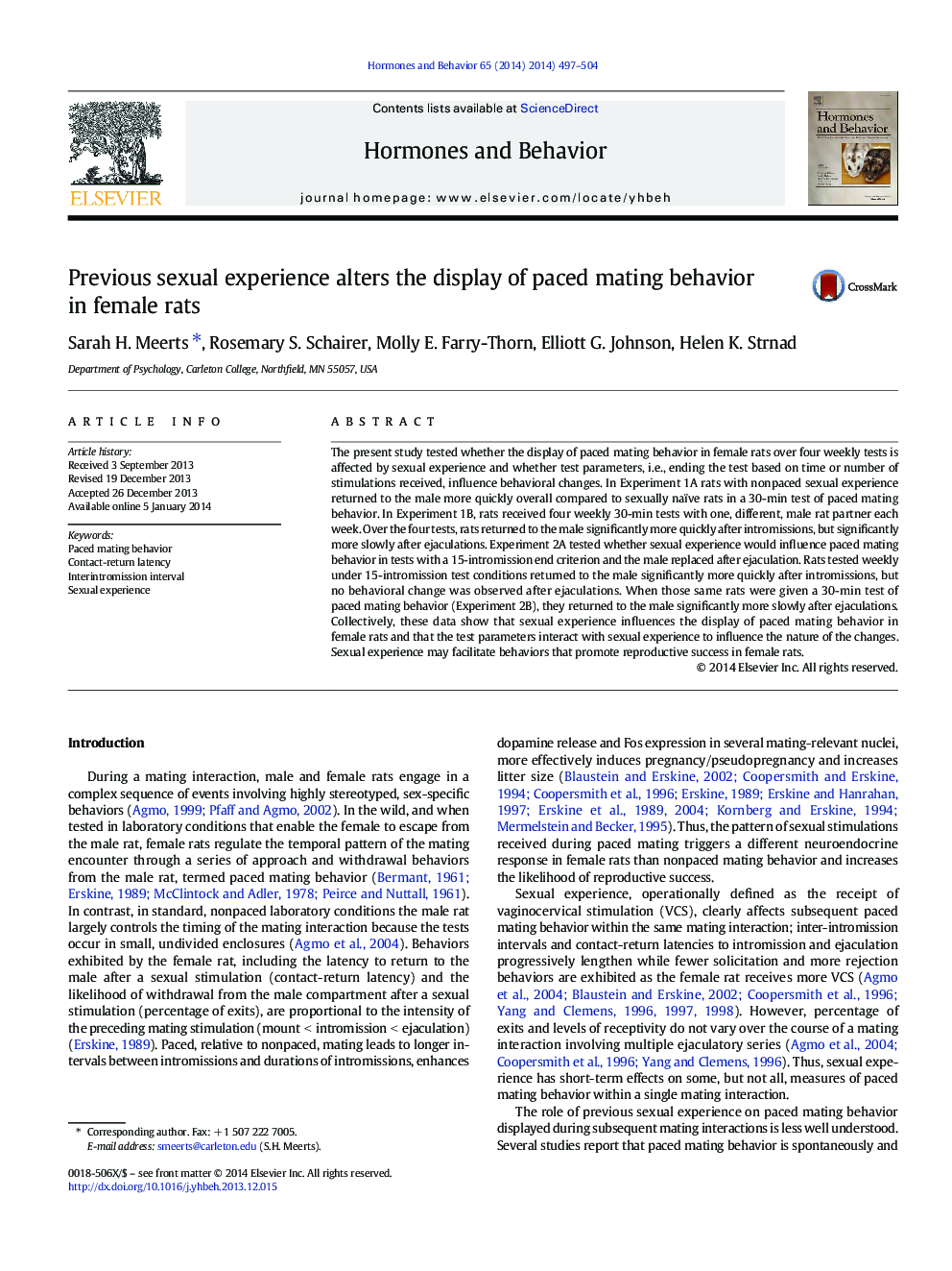 Previous sexual experience alters the display of paced mating behavior in female rats