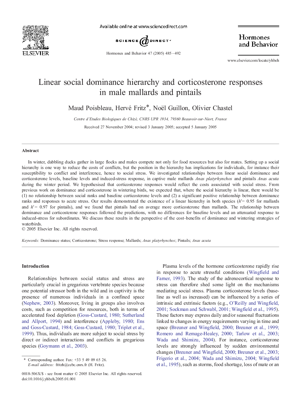 Linear social dominance hierarchy and corticosterone responses in male mallards and pintails