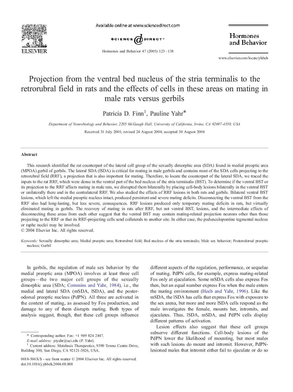 Projection from the ventral bed nucleus of the stria terminalis to the retrorubral field in rats and the effects of cells in these areas on mating in male rats versus gerbils