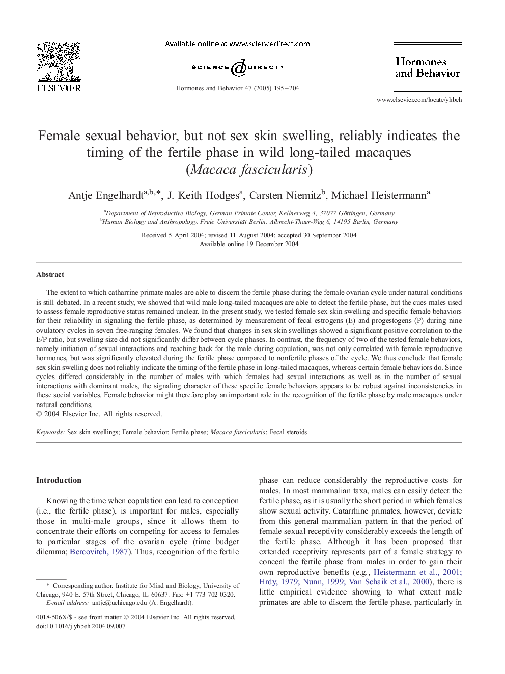 Female sexual behavior, but not sex skin swelling, reliably indicates the timing of the fertile phase in wild long-tailed macaques (Macaca fascicularis)