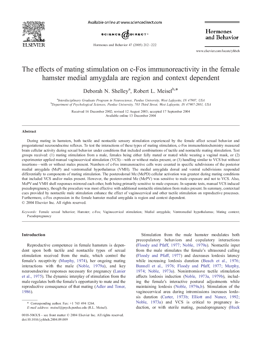 The effects of mating stimulation on c-Fos immunoreactivity in the female hamster medial amygdala are region and context dependent