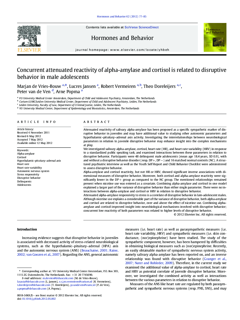 Concurrent attenuated reactivity of alpha-amylase and cortisol is related to disruptive behavior in male adolescents