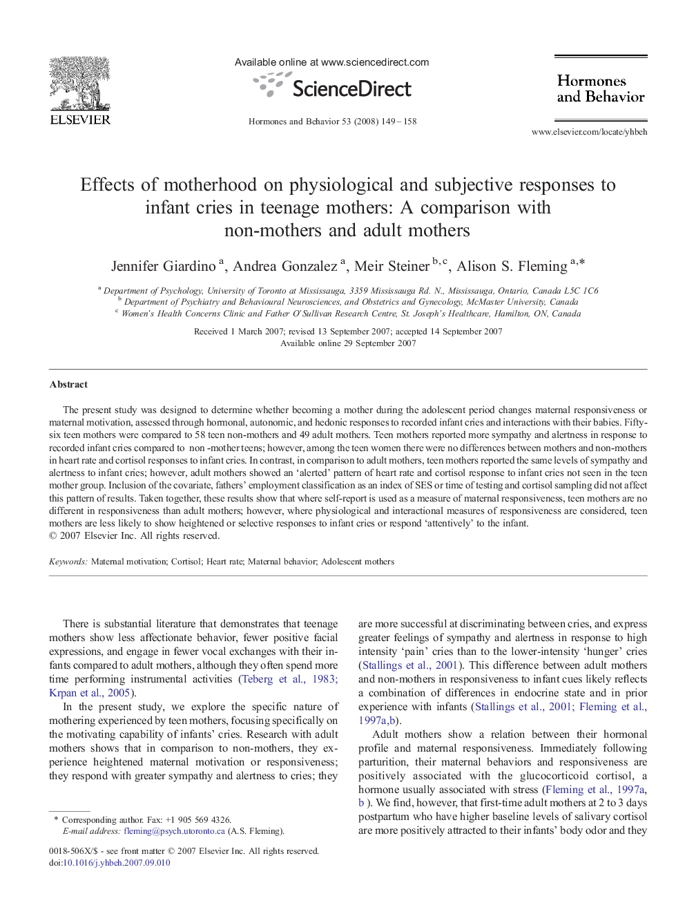 Effects of motherhood on physiological and subjective responses to infant cries in teenage mothers: A comparison with non-mothers and adult mothers