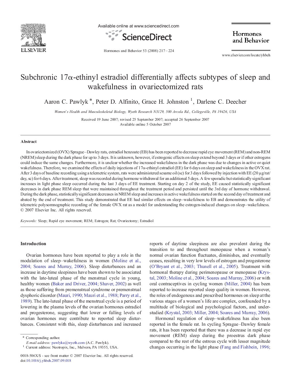 Subchronic 17Î±-ethinyl estradiol differentially affects subtypes of sleep and wakefulness in ovariectomized rats