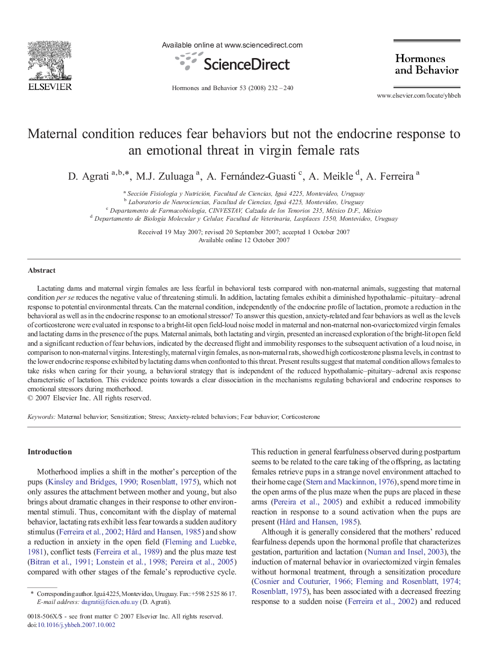 Maternal condition reduces fear behaviors but not the endocrine response to an emotional threat in virgin female rats