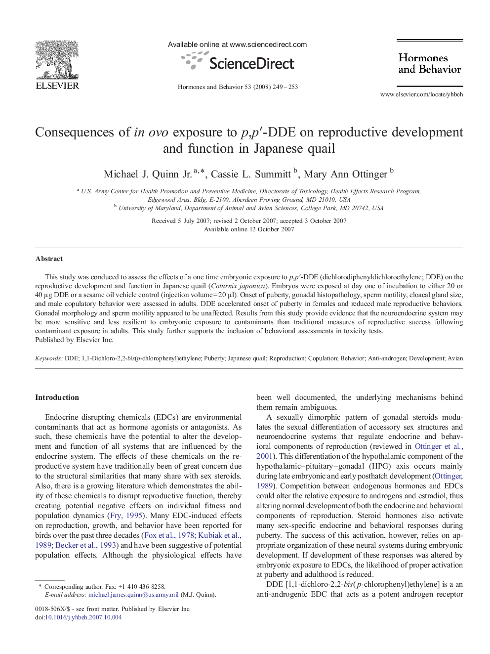 Consequences of in ovo exposure to p,pâ²-DDE on reproductive development and function in Japanese quail