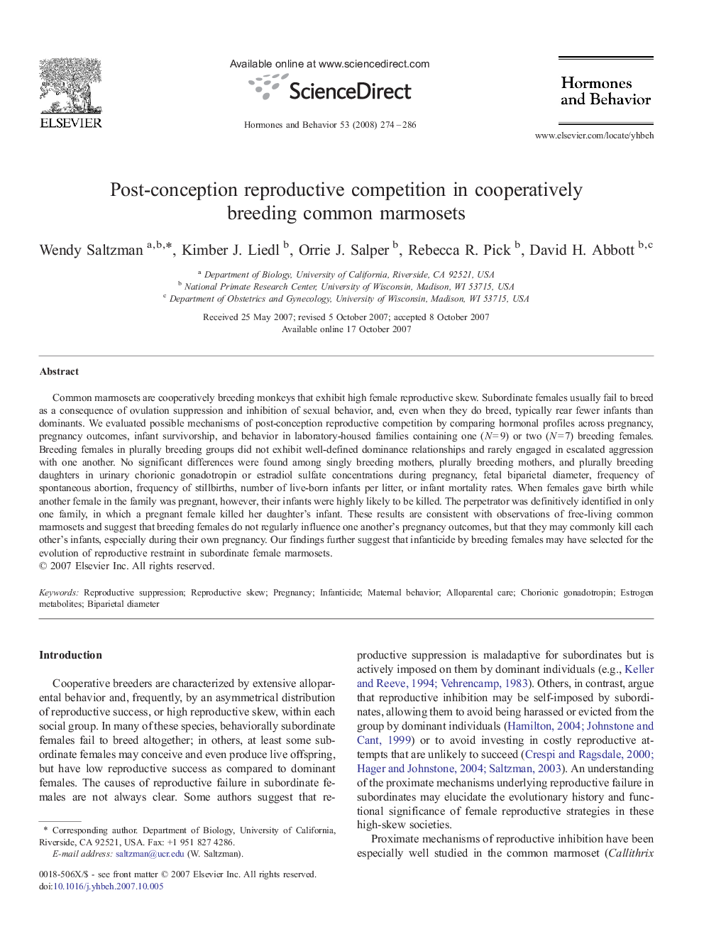 Post-conception reproductive competition in cooperatively breeding common marmosets