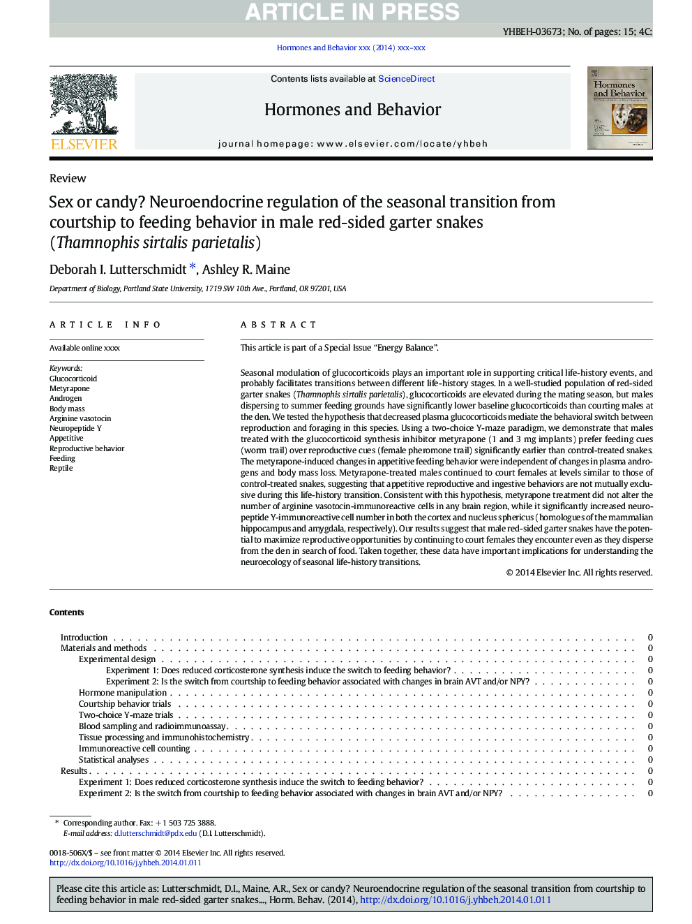 Sex or candy? Neuroendocrine regulation of the seasonal transition from courtship to feeding behavior in male red-sided garter snakes (Thamnophis sirtalis parietalis)