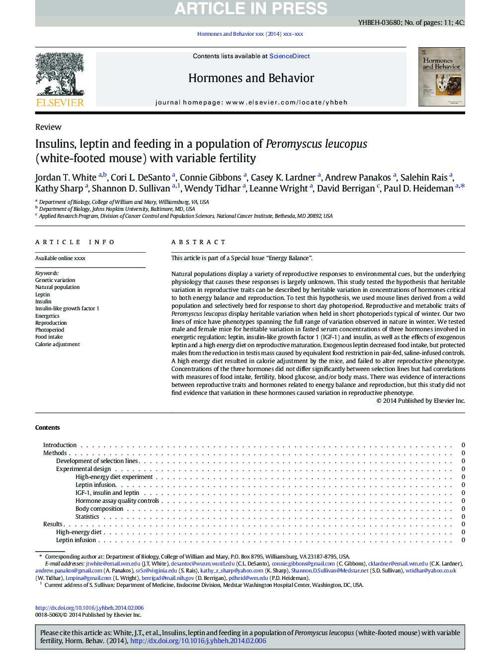 Insulins, leptin and feeding in a population of Peromyscus leucopus (white-footed mouse) with variable fertility