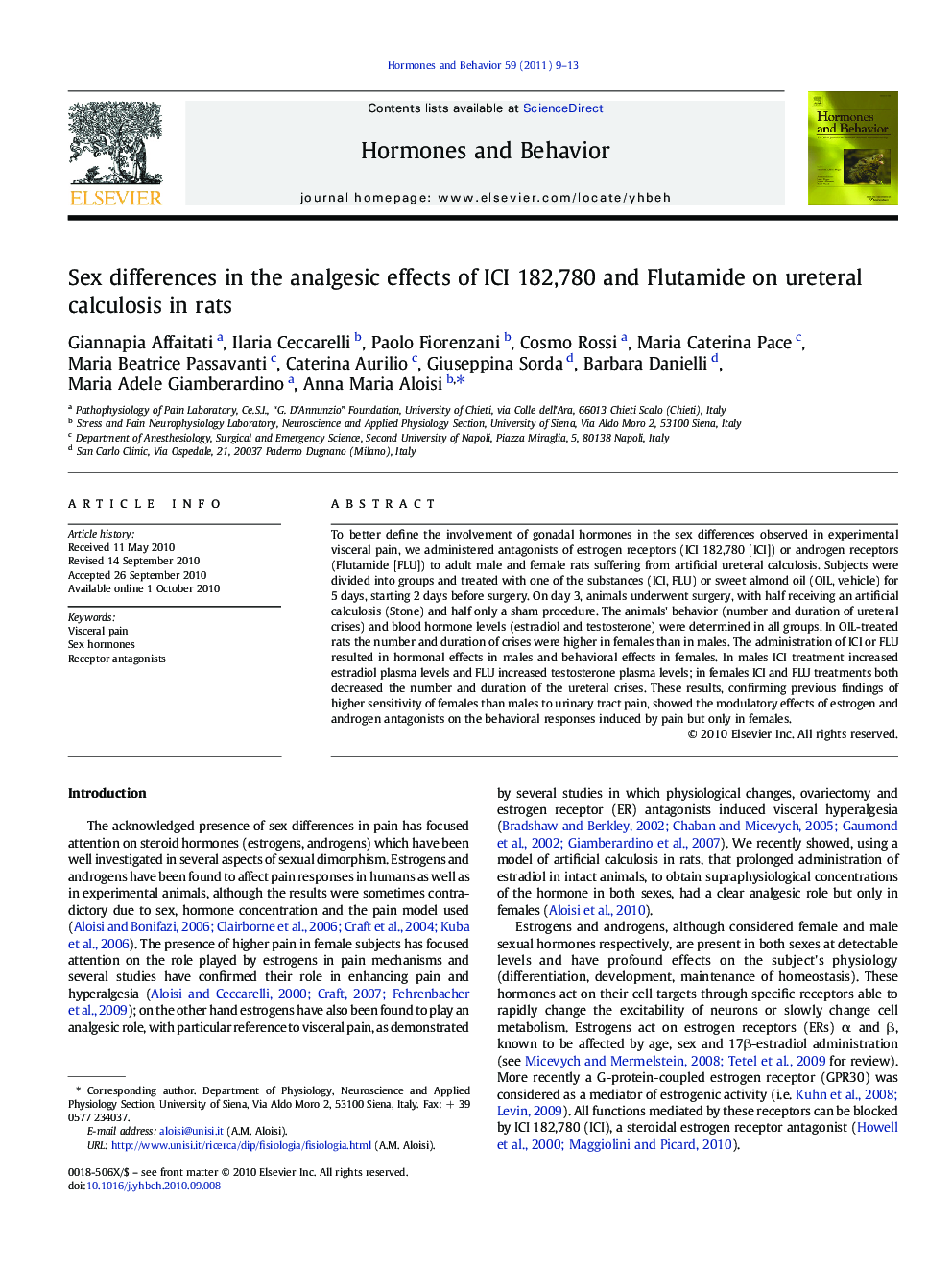 Sex differences in the analgesic effects of ICI 182,780 and Flutamide on ureteral calculosis in rats