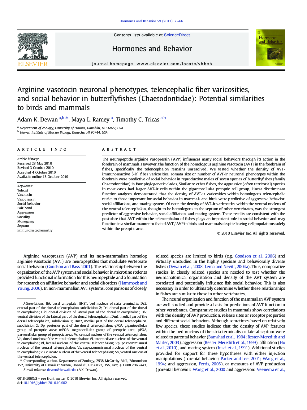 Arginine vasotocin neuronal phenotypes, telencephalic fiber varicosities, and social behavior in butterflyfishes (Chaetodontidae): Potential similarities to birds and mammals