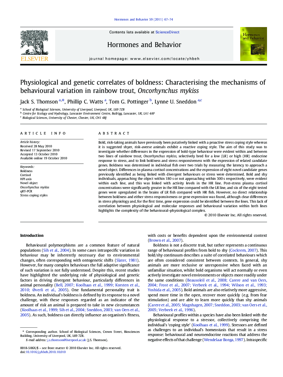 Physiological and genetic correlates of boldness: Characterising the mechanisms of behavioural variation in rainbow trout, Oncorhynchus mykiss