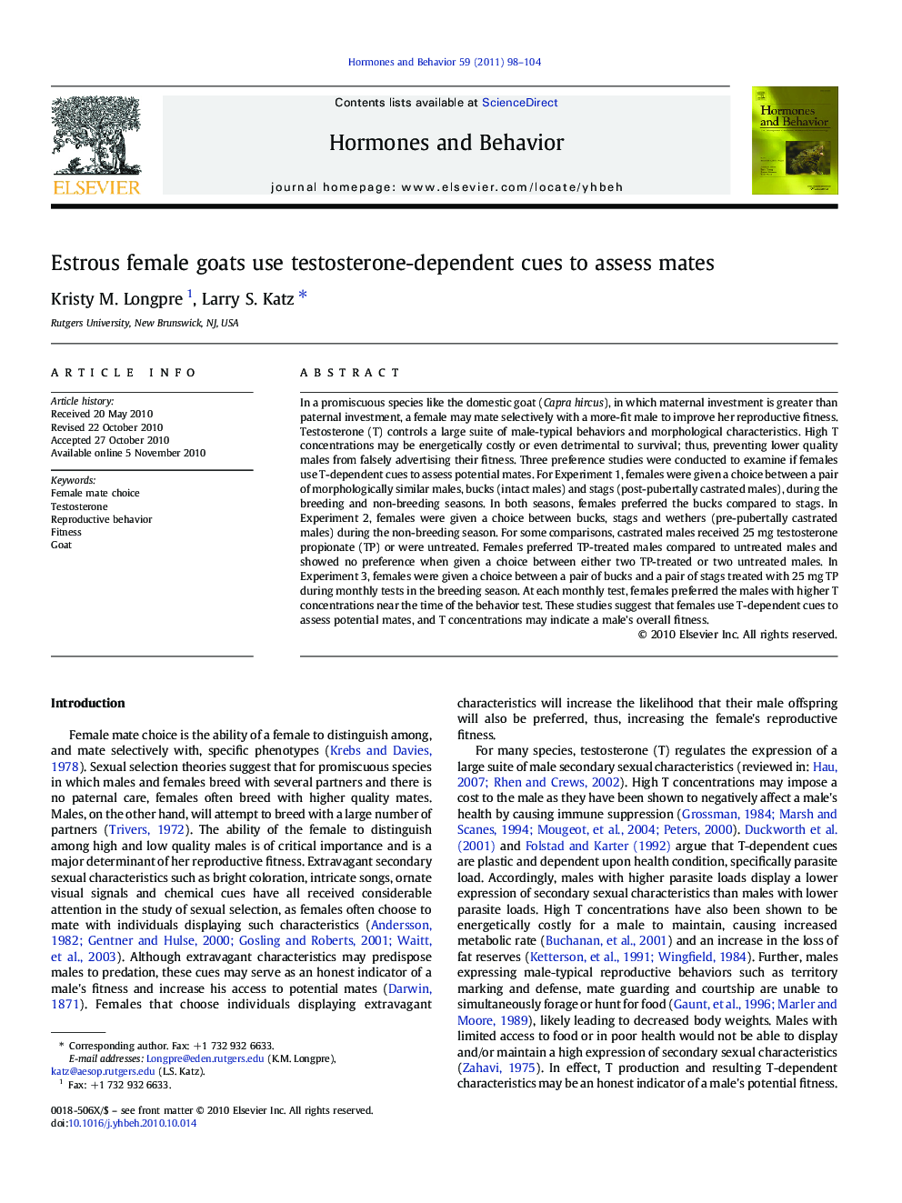 Estrous female goats use testosterone-dependent cues to assess mates