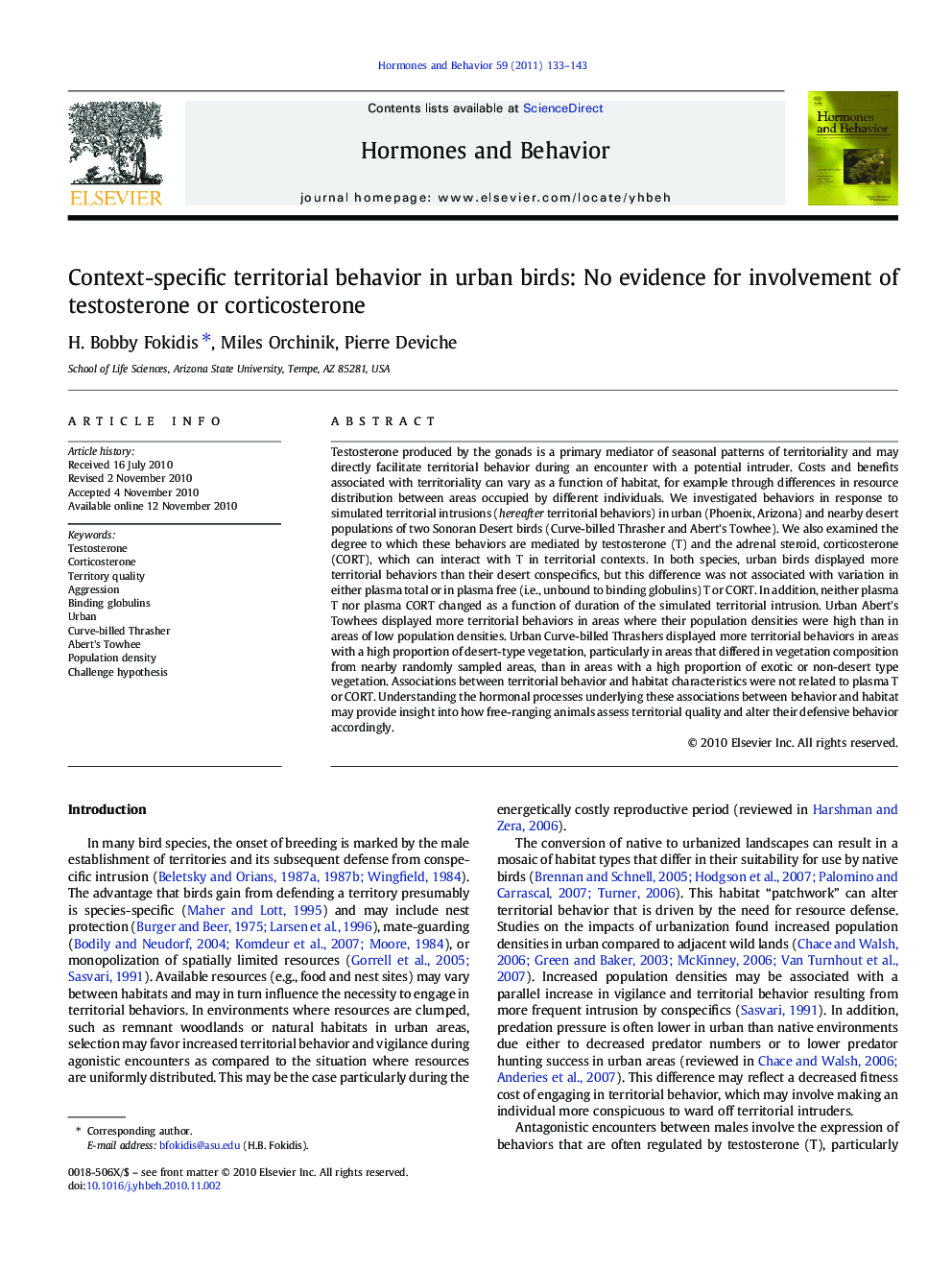 Context-specific territorial behavior in urban birds: No evidence for involvement of testosterone or corticosterone