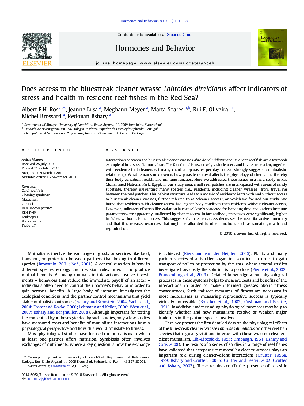 Does access to the bluestreak cleaner wrasse Labroides dimidiatus affect indicators of stress and health in resident reef fishes in the Red Sea?