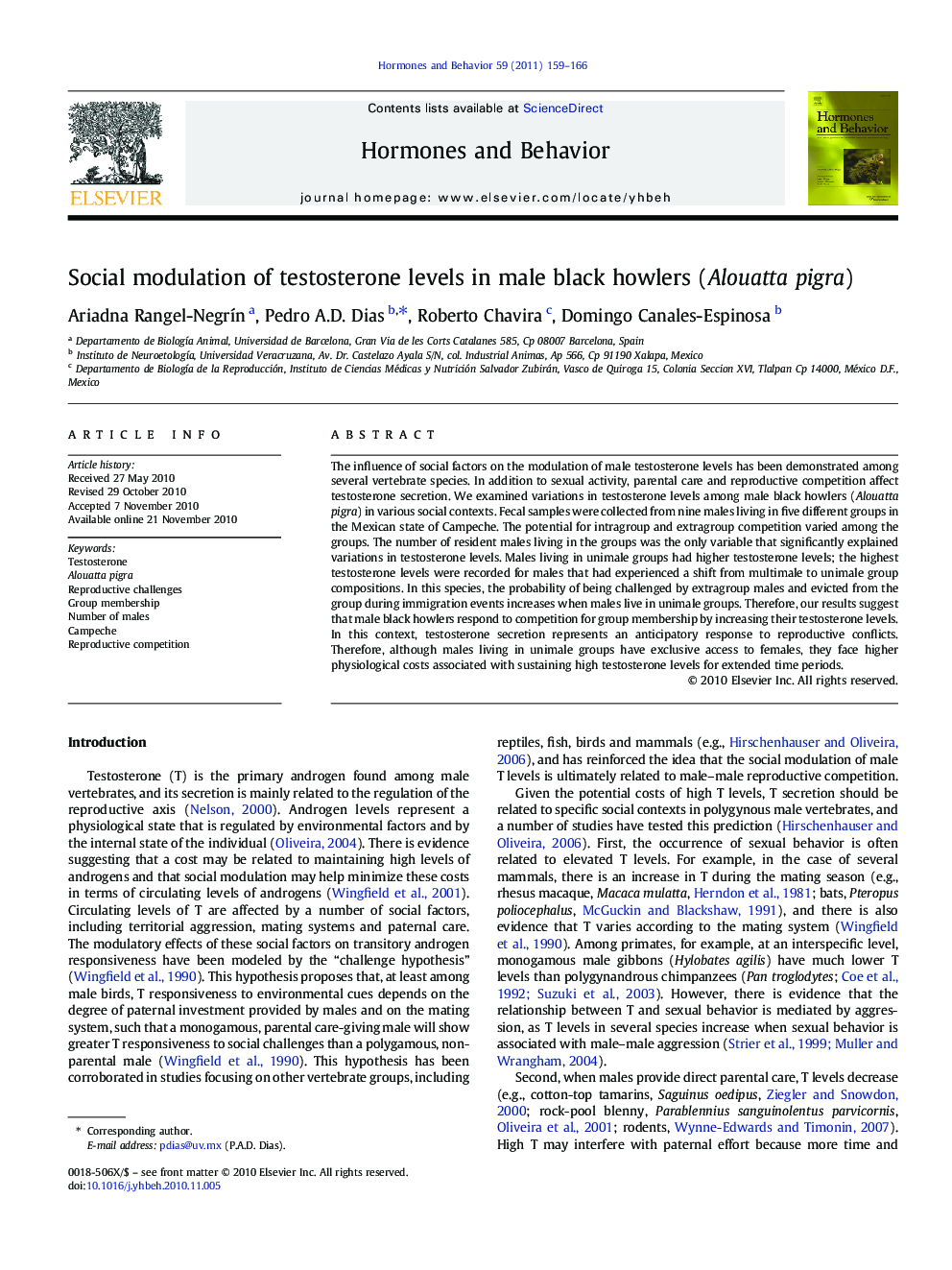 Social modulation of testosterone levels in male black howlers (Alouatta pigra)