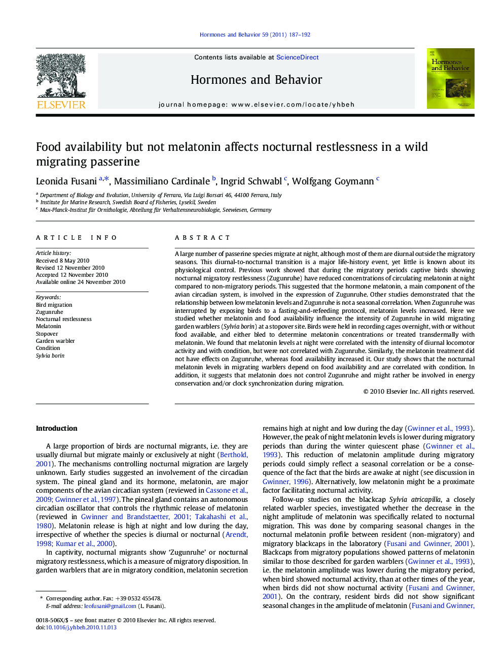Food availability but not melatonin affects nocturnal restlessness in a wild migrating passerine